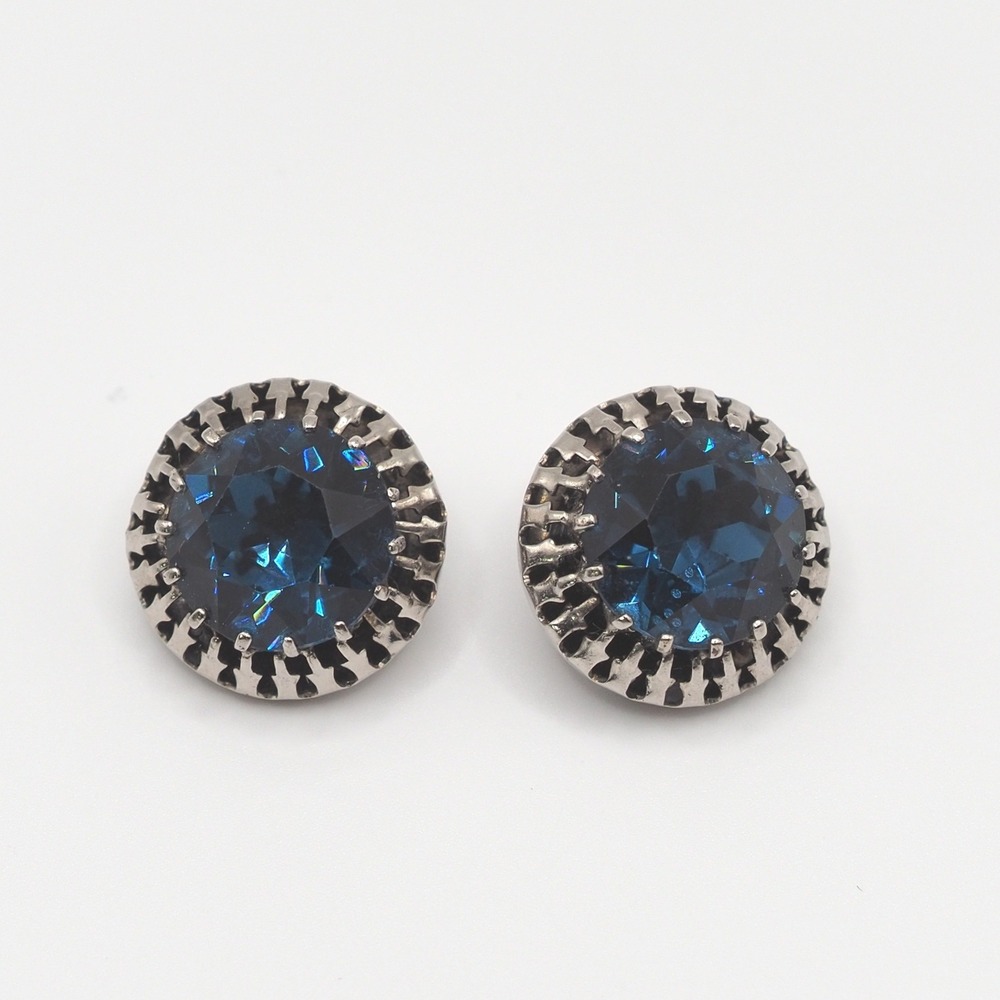Vintage Austria Earrings Blue Faceted Rhinestone Large Silver Tone Clip On MCM